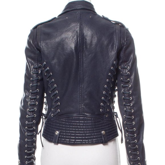 Barbara Bui Blue Lace Up Leather Motorcycle Jacket